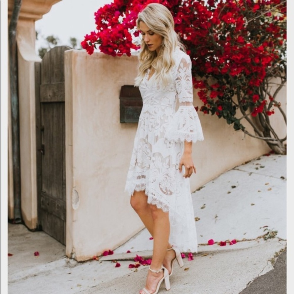 High Low Bell Sleeve White Boho Lace Dress